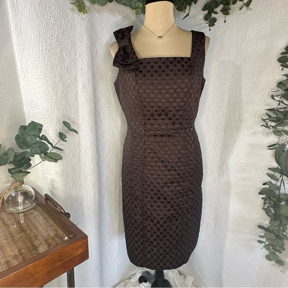 David Meister Chocolate Brown Dot Textured Midi Sheath Lined Dress w/Bow Size 6